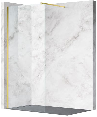 Balneo Mampara de Ducha Fija Dorada 80 x 200 cm - Panel de Ducha de Cristal Templado 8 mm con Tratamiento Antical Easy Clean - Instalación Reversible - Ideal para Ducha Walk-In