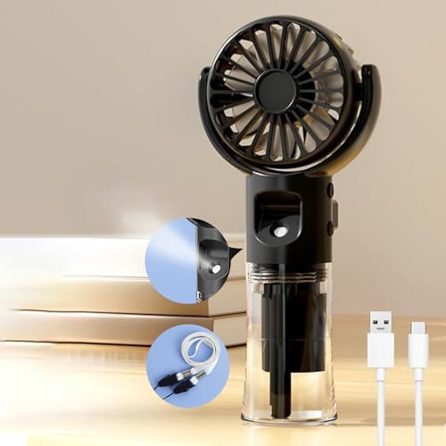 Beaeet Mini Handventilator mit Sprühnebel, Tragbarer USB-C Ventilator Akku Aufladbar, 4 Geschwindigkeiten, Handheld & Tischventilator für Reisen, Büro, Camping & Outdoor, Schwarz