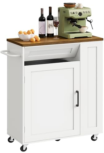 CHOEZON Carrito de Cocina Móvil con Isla, Carro con Compartimento Oculto para Basura, Carrito de Cocina con 5 Ruedas Giratorias, Cajón, Estantes y Toallero, para Cocina, Blanco y Nogal DMZD06WL