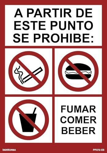 IberNorma PP272-ES Señal de Prohibido Fumar, Comer y Beber 21x30cm Cartel de prohibición de a partir de este punto se prohibe: Fumar comer y beber en PVC homologado