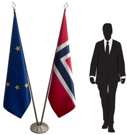 Set de 2 banderas – Noruega y Unión Europea con Base y Hampas – Banderas para Oficina o Eventos Oficiales. Código CN3-EU-NO-L