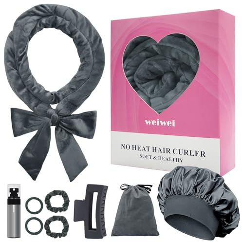 weiwei Heatless Curlers Headband, Heatless Overnight Curls Hair Curlers No Heat, 70 Soft No Heat Hair Curlers, 9 PCS Curling Rods Gift Set for Women Long Wave Hair Volume -Gray