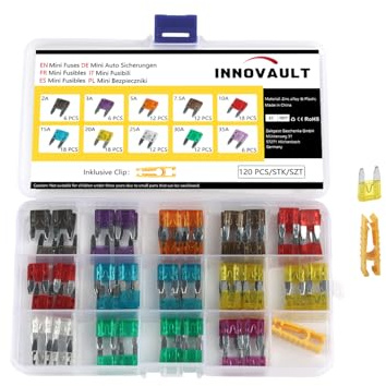 INNOVAULT 120 Stück Kfz Sicherungen Mini Autosicherungen Set Flachsicherungen Mini für PKW, LKW, Wohnmobil, Motorrad, 2A 3A 5A 7.5A 10A 15A 20A 25A 30A 35A