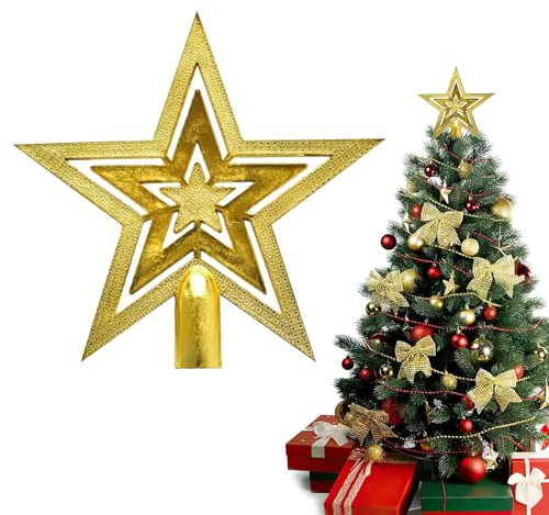 Punta per albero di Natale con brillantini, stella per albero di Natale, 20 cm, punta per albero di Natale, decorazione per albero di Natale, oro