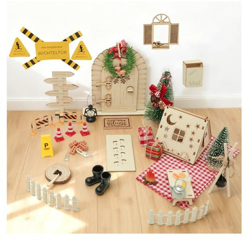 Wichtel Zubehör,51 Stück Miniatur Wichteltür Set,Wichtel Set Weihnachten Komplett inkl. Camping, Baustelle,Magischer Tür,DIY-Dekoration für Weihnachten