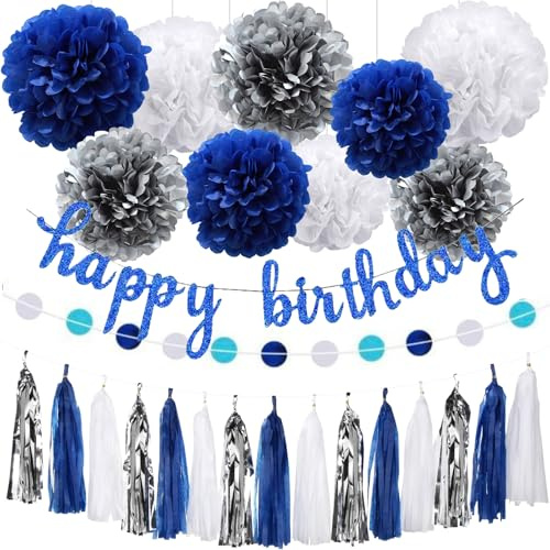 26 Piezas Decoracion Cumpleaños, Pompones de Papel, Decoracion Pompones, Decoraciones Azul y Blanco, Corona de Borlas, Happy Birthday Bandera, Fiestas Cumpleaños, Aniversarios, Carnavales