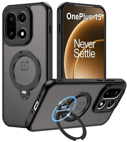 zZjoOoj 360° vridbart magnetiskt stativ fodral för OnePlus 15 [stabil CD-ringhållare ] genomskinlig matt baksida stötsäker mobiltelefonväska, stötsäker, reptålig (svart)