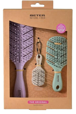 Beter - Kit Cepillos de pelo The Original Natural Fiber, Set 3 Cepillos Desenredantes (The Original+Mini+Charm) Sin Tirones, Antienredos y Antirotura, Ecológico, Todo tipo de cabellos, Pack Regalo