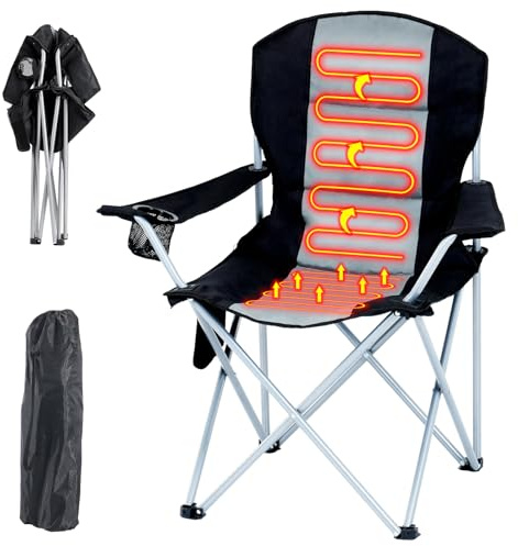 Meulbaty Folding Heated Camping Chair – 182kg Heavy Duty, 3-Level Heat Adjustment, Side Pocket & Cup Holder, Ergonomic Backrest – Perfect for Watching Sports (Battery Not Included)