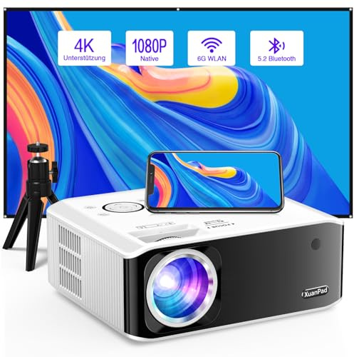 [Kompatibel mit Netflix & Elektrischer 6D/4P Fokus] 30000L Mini Beamer mit WiFi & Bluetooth 1080p Projektor mit 210° drehbarer Stand, Automatische Trapezkorrektur, Staubfilter &Wärmeableitungssystem