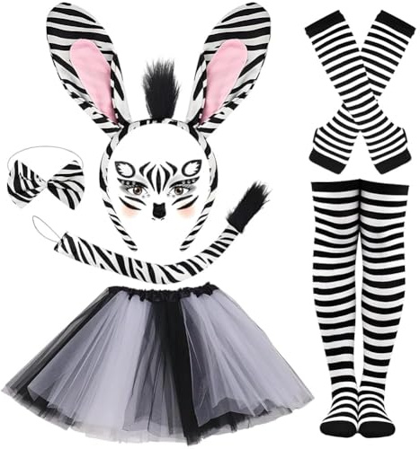 KDFSSIPE Disfraz de Animal,Disfraz Bonito para Mujer,Orejas Cebras Diadema Pajarita Cola de Cebras Cara Pegatinas Piedras Preciosas para Carnaval Halloween Animales Cosplay