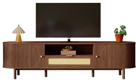 STAPERFO Mueble para TV de 70 pulgadas en nogal, diseño curvado con cajones de ratán, moderno centro de entretenimiento con compartimentos abiertos y patas de metal