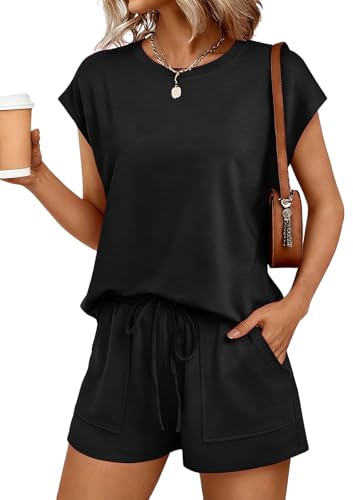 NLAND Conjuntos Chándal Mujer Verano 2 Piezas Casual Cuello Redondo Top Sin Mangas y Pantalones Cortos con Bolsillos y Cordón Ajustable Chandal Completo(Negro,M)