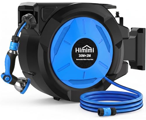 Retractable Garden Hose Reel 30m+2m, Wall Mounted Hose Pipe Reel with Auto Slow Rewind, Any-Length Lock, 180° Swivel Bracket, Weather-Resistant Housing & 10-Pattern Nozzle for Patio & Car Washing