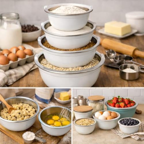 KWARE Stainless Steel Mixing Bowls Set of 5 with Lid Stainless Steel Mixing Bowl Set - Easy to Clean, Nesting Bowls for Space Saving Storage, Great for Cooking, Baking, Prepping (White)