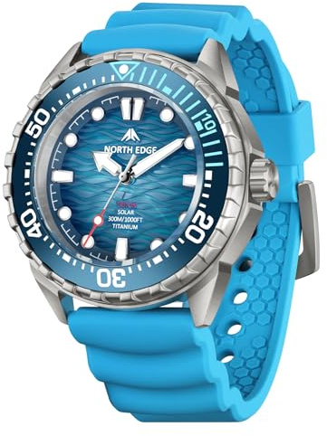 NORTH EDGE Triton Herren Solar Taucheruhr, 300 m wasserdicht, Quarz Armbanduhr mit Leuchtzeigern, drehbarer Lünette, verschraubter Krone, Outdoor Dive Watch (Triton-TI Blau Titan)