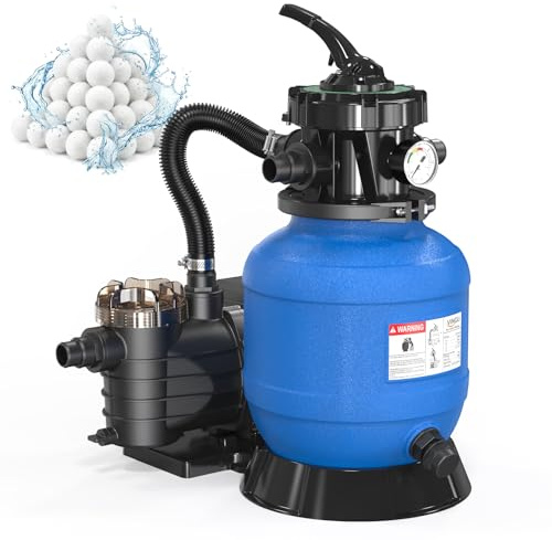 LEADZM Sandfilteranlage Pool 10000 L/H inkl. 500g Filterbälle, Poolpumpe Sandfilter mit 7 Wege Ventil, Pool Filteranlage Sandfilter mit Manometer für Becken bis 37000 L (Blau)