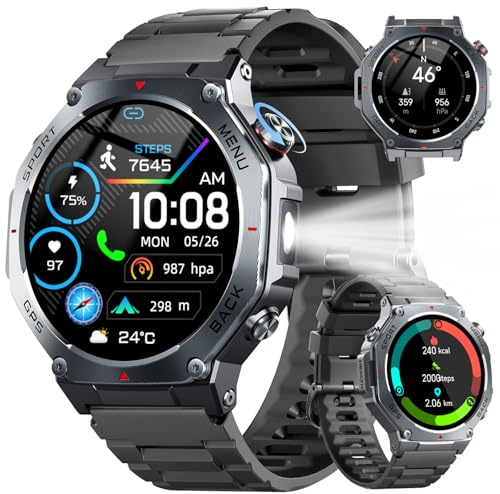 Reloj Inteligente Hombre Militar con GPS y Linterna LED, 5ATM Smartwatch con Brújula llamadas Bluetooth Pulsómetro Oxímetro Sueño, 1.43AMOLED Reloj Deportivo con 160+Modos Deportivos para IOS Android