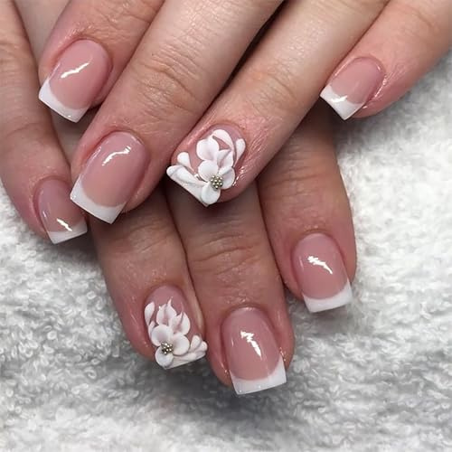 3D Floral Press On Nails, French Tip False with Lily of the Valley & White Flower Design, Elegant Stick On for Bridal(A)