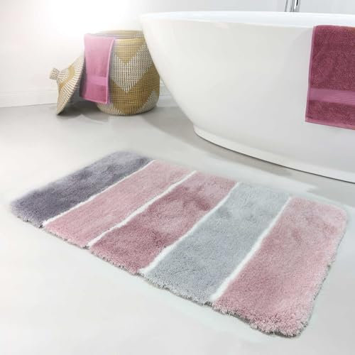 Homie Living Badteppich, Badematte kuscheliger Flauschiger weicher Flor l rutschfest und Waschbar Rio Marina (70 x 120 cm, Rosa Grau Silber)