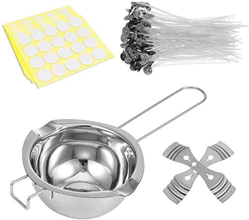 CYH Kit per la produzione di candele di cera fai da te, 100 stoppini di cera con supporto, 100 adesivi per stoppino, 2 porta stoppini di candela a 3 fori, 1 candela per fare un barattolo di colata