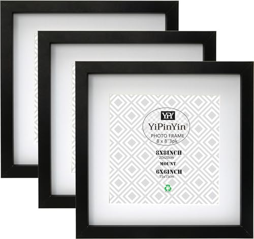 Lot de 3 cadres photo carrés noirs de 8 x 8'' (20 x 20 cm) avec double passe-partout pour 6×6'', cadres photo de 6 x 6'' (15 x 15 cm) - Lot de 3, cadres photo carrés 15x15cm avec fenêtre en Perspex