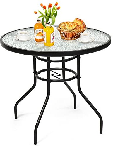 GIANTEX Table de Jardin Ronde, Table de Bistro avec Plateau Ø 80 cm en Verre Trempé et Trou de Parasol, Cadre en Métal Laqué pour Balcon, Terrasse, Jardin (Ronde)