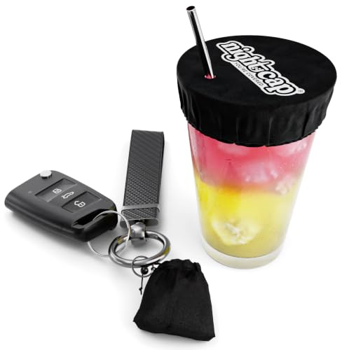 Nightcap - Keychain Drink Cover, As Seen on Shark Tank - Anti-Spike Drink Protector for Women - Reusable Drink Cover - Fits Most Cups & Glasses, Washable - Convenient & Portable - Black