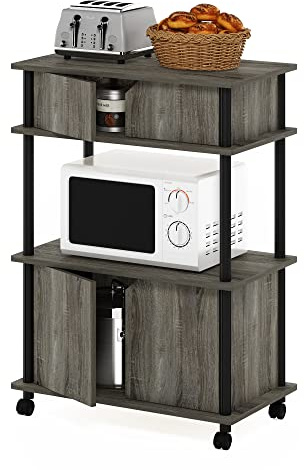 Furinno TURN-N-TUBE Bakers Rack with Wheels, 4-Tier Kitchen Storage Cart, Kitchen Cart with Closed Cabinets, Coffee Bar, Pantry Organizers and Storage, French Oak Grey