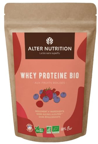 ALTER NUTRITION - Whey Protéine Bio - Fruits Rouges - Prise De Masse - Récupération - BCAA - Lait De Vache Bio - Sans Sucres Ajoutés - Fabriqué En France - 18g De Protéines Par Scoop - Sachet De 500g