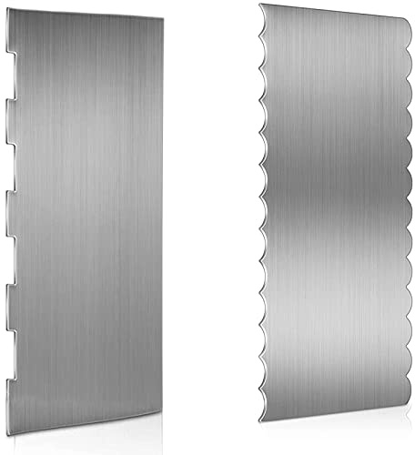 2 Pieces Stainless Steel Cake Scraper, 9 Inch Large Cake Smoother Scraper Contour Double Sided Patterned Edge Stripe Tool Pastry Cutter in 6 Patterns for Different Shapes of Comb Cake Edges Decoration