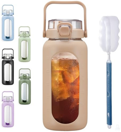 BLUEGO 2000ml Glass Water Bottles with Straw Time Marker Half Gallon Large Motivational Water Bottle with Silicone Sleeve 2 Liter Large Glass Water Jug for Gym, Sports& Workout, Daily, Amber
