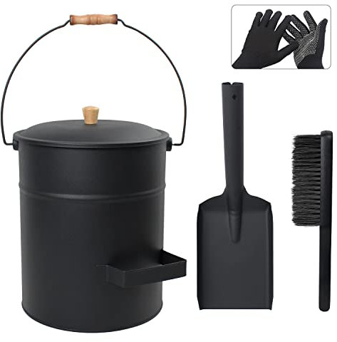 BRIAN & DANY Secchio per cenere per caminetti con coperchio, secchio da 15 litri con pala e scopa a mano, set di attrezzi per camino, braciere