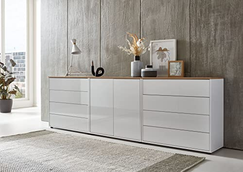 BMG Möbel Kommode Mailand Set 4 Artisan (in Weiß-Oberboden Artisan Eiche/Hochglanz Weiß), Schubladenkommode Anrichte Sideboard