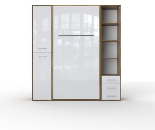 MAXIMAHOUSE Schrankbett vertikal Invento LED 90V (90x200) mit 2 praktischen Regalen, Teenager-Zimmer Jugendzimmer, gasdruckfeder Wandklappbett mit Lattenrost aus Holz