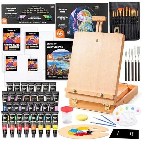 Shuttle Art 65 Piezas Kit Pintura Acrílica, Caballete Pintura con 30 Colores Tubos de Pintura Acrílica, Lienzo, Pinceles y Paleta, Maletin Pinturas para Niños, Adultos, Artistas