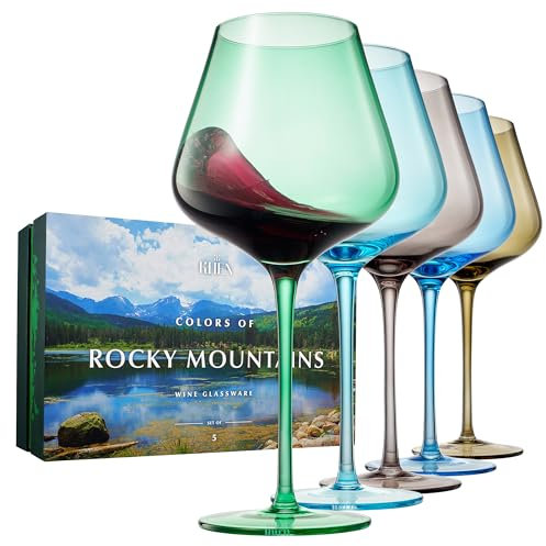 Colors of The Rocky Mountains, Colored Stemmed Wine Glasses | Set of 5 | 20 OZ Summer Italian Style Tall Drinkware Red & White, Gift for Hiking, Nature, Land Lover, Traveler Beautiful Glassware Gift