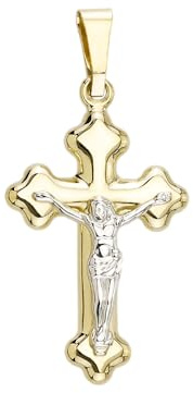 JC Trauringe Gold Anhänger Kreuz mit Jesus Korpus in Echt 585 Gold klassische, schlichte religiöse Goldkreuze Goldanhänger Goldschmuck Unisex Herren Schmuck in Bicolor inkl. Schmucketui 8577