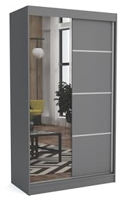 Brent - Kleiderschrank mit Spiegel Tom, 180cm Breit, Schlafzimmerschrank mit 1 Kleiderstange und Einlegeböden für Kleidung, Kleiderschrank Grau