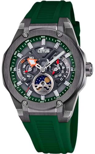 LOTUS Reloj Analógico Hombre con Fase Lunar de Caucho Verde - Movimiento de Cuarzo - Calendario - Cristal Mineral de Alta Resistencia - Resistente al Agua 10 ATM - Multifunción 18946/5 Vortex