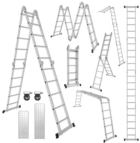 Yakimz Scala multiuso in alluminio, 4 x 4 gradini, 4,7 m, con piattaforma, con 2 piastre, scala multiuso, scala a pioli fino a 150 kg, scala pieghevole, 16 gradini, colore: argento