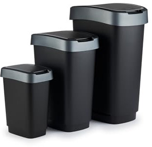 Rotho Twist Mülleimer-Set, 3 Stück, mit Klappdeckel, BPA-frei, schwarz/silber, 10L, 25L und 50L