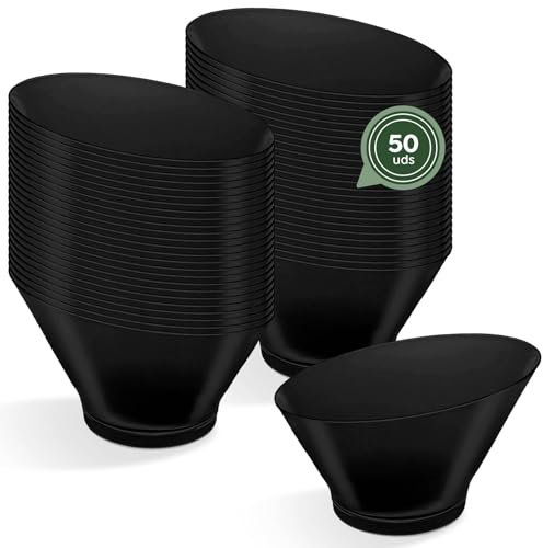 Horeca Collection - 50 Uds - Bol Redondo Grande Asimétrico Negro 250 cc - 10,6 x 6,8 cm - Vasitos Aperitivos Plastico - Vasitos para Postres - Catering - Cuencos - Vasos - Finger Food