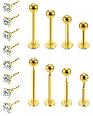 PiercingJak 16G Lippenpiercing Labret Monroe Tragus Helix Piercings Gold Chirurgenstahl Ohrringe mit Kugel Zirkonia Push In Ohrpiercing Stecker 6mm 8mm 10mm 12mm Punk Schmuck