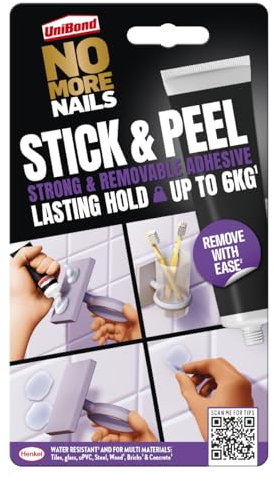 UniBond No More Nails Stick & Peel, Peel-Off Mounting Adhesive, Strong Bonding Adhesive for Shelves & Wall Hanging, Holds up to 6kg**, 44g Tube