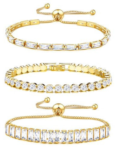 JeweBella 3 Pièces Tennis Bracelet Femme Zirconium Cubique Bracelet Diamant Bracelet Réglable Brillant Empilable Bracelets Tennis Argent Or