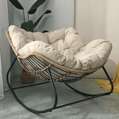 Schaukelstuhl aus Metall mit dickem Kissen für den Außen- und Innenbereich, Rattan-Geflecht-Lounge-Sessel für Veranda, Garten und Hinterhof (Beige)