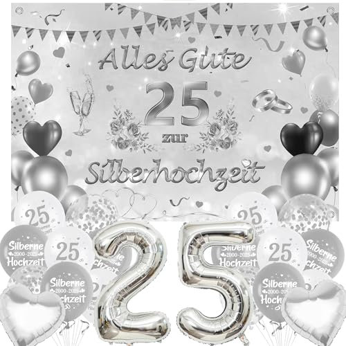 Silberhochzeit Deko Banner Luftballons Set - Silber Hochzeitstag Dekoration mit Hintergrund Ballons Zahl 25 Folienballon, 25. Jubiläum Silberne Hochzeit Party Dekorationen