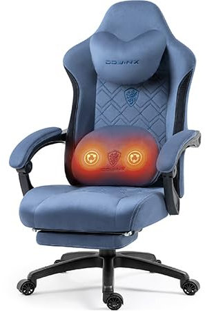Dowinx Gaming Stuhl mit beheizter Massage Lendenwirbelstütze, Stoff Gaming Stuhl mit Taschenfederkissen und Fußstütze, Gamer Stuhl High Back PC Stuhl für Erwachsene, Blau