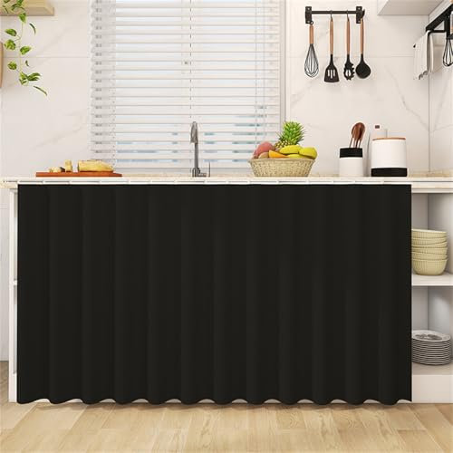 Highdi Cupboard Short Curtain Kitchen, Hide Away Small Curtains for Kitchen Cupboard Door - No Drilling Is Required with Hook and Loop for Under Sink-Solid Colour (Black,50 * 70cm)